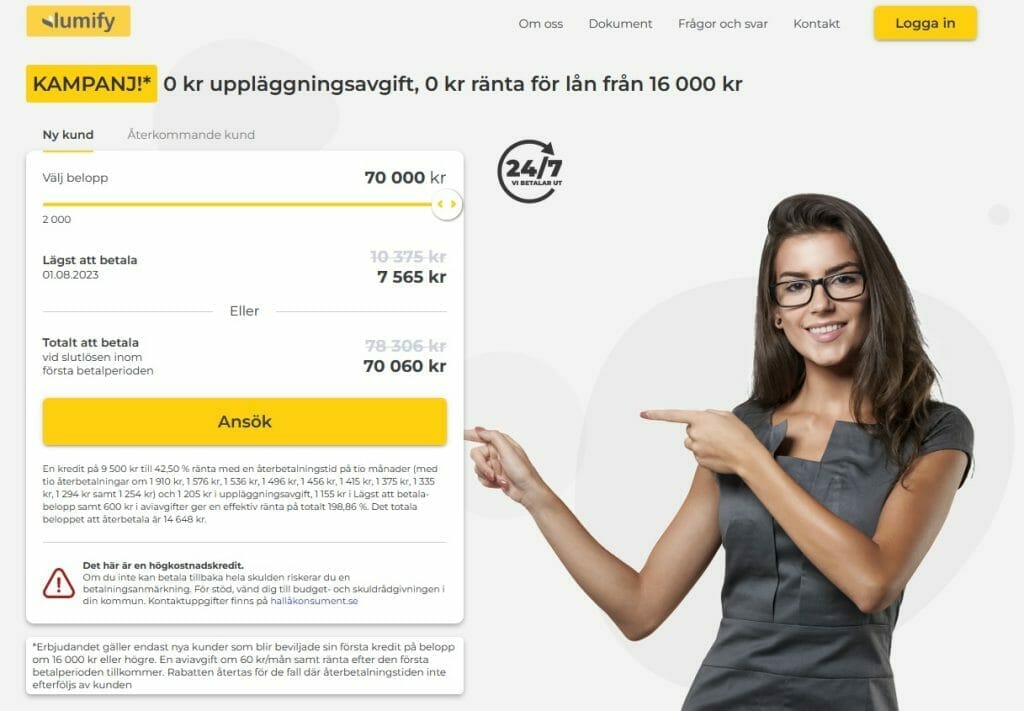 Bildkälla: OptimalaVal.se besökte Lumify online där de visar att de erbjuder snabblån räntefritt första gången till nya kunder; upp till 70 000 kr så länge återbetalning sker inom en månad.